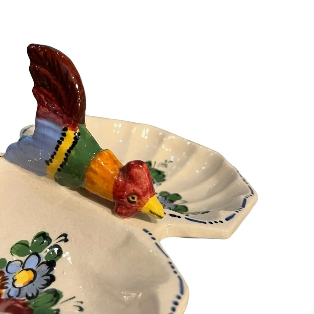 Vintage Italian Hand Painted Divided Candy Nut Dish Rooster Floral Farmhouse